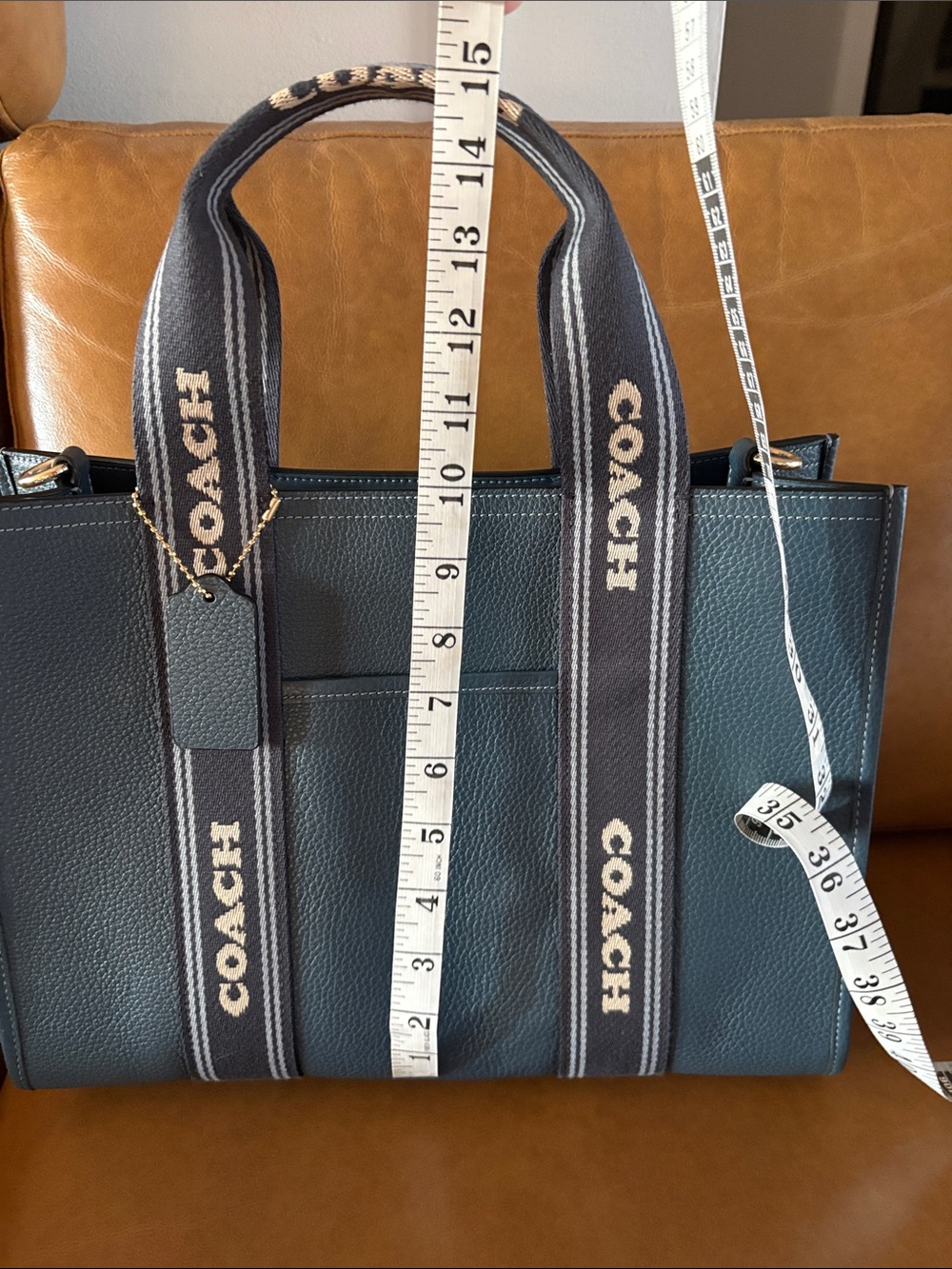 Coach Smith Tote Denim Colored Pebbled Leather Handles Adjustable Guitar Strap - Picture 11 of 12
